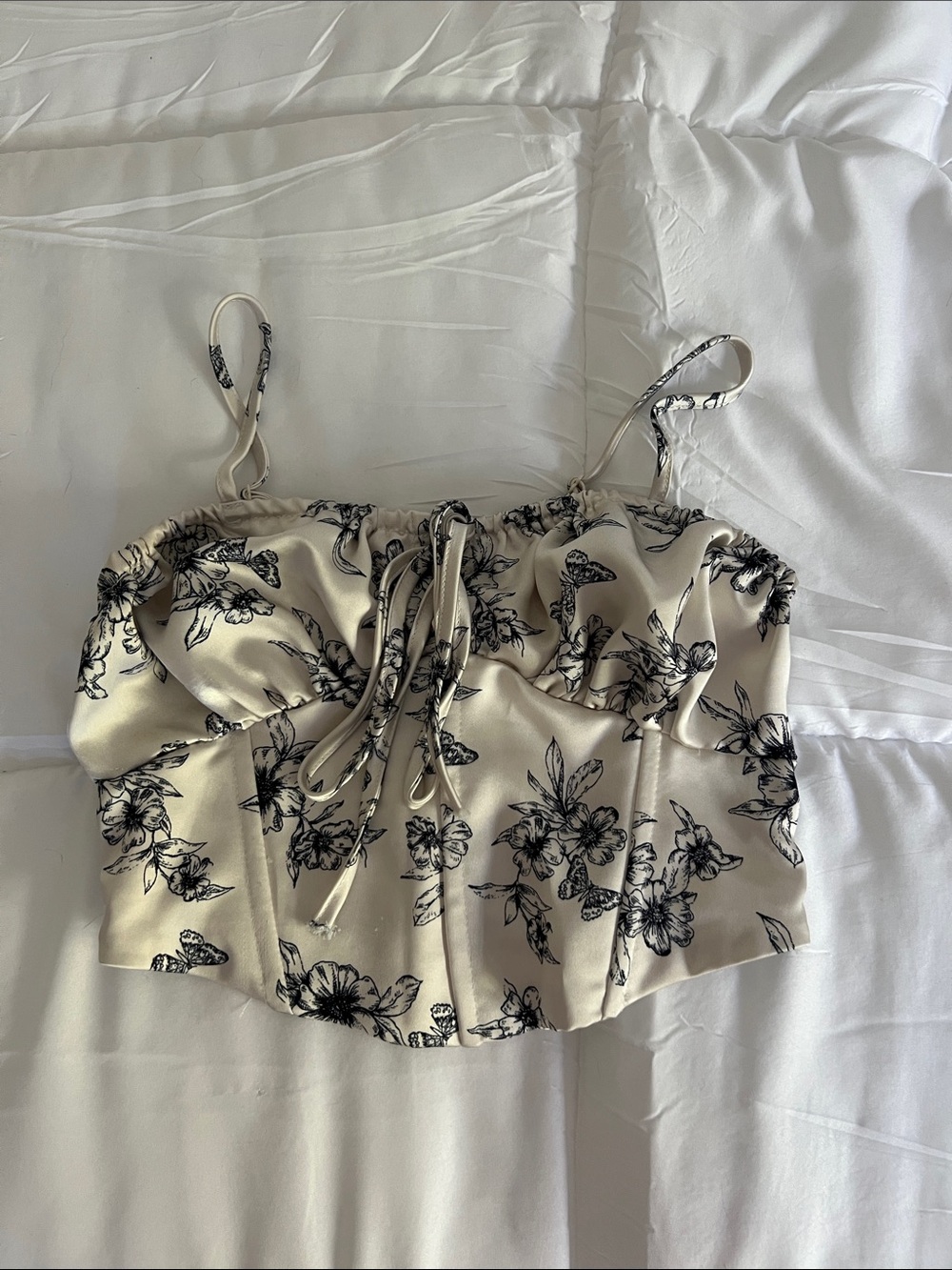 La Hearts Cream Satin Floral Lace-Up Crop Top